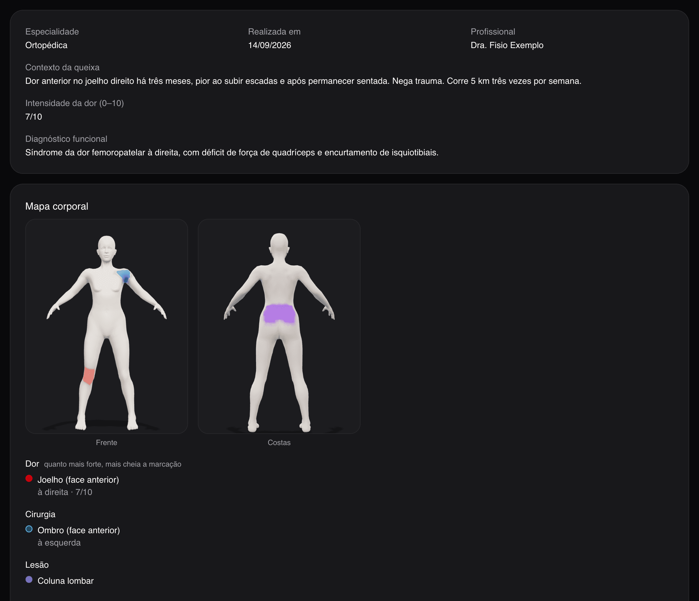 The evaluation screen in Brio, with the pain reading, the context of the complaint and the body map carrying its marks.