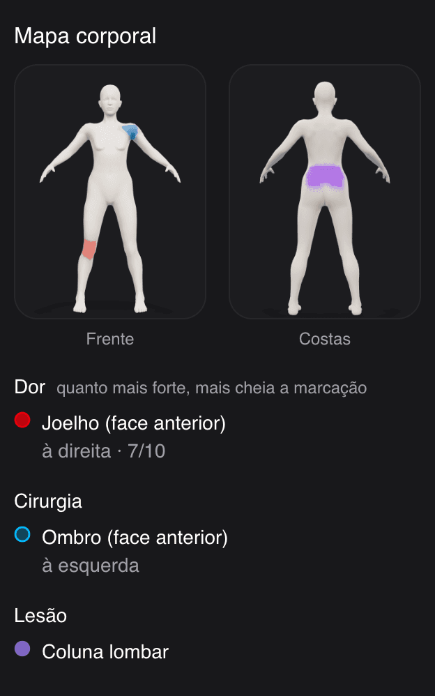 The evaluation screen in Brio, with the pain reading, the context of the complaint and the body map carrying its marks.