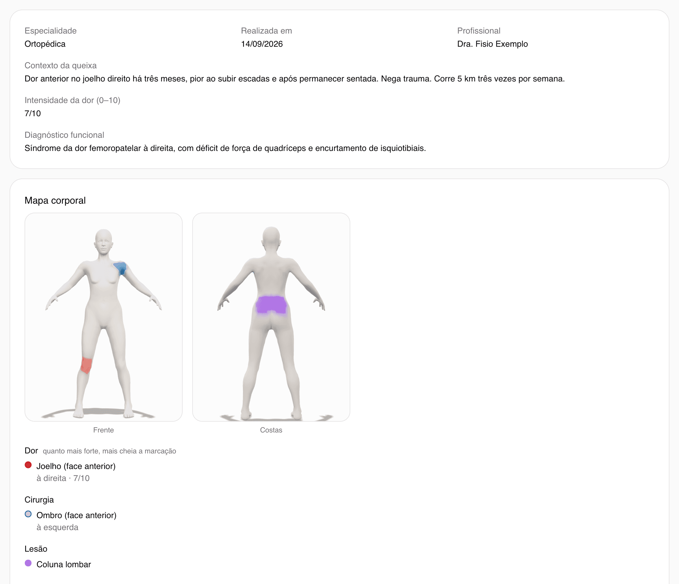 The evaluation screen in Brio, with the pain reading, the context of the complaint and the body map carrying its marks.