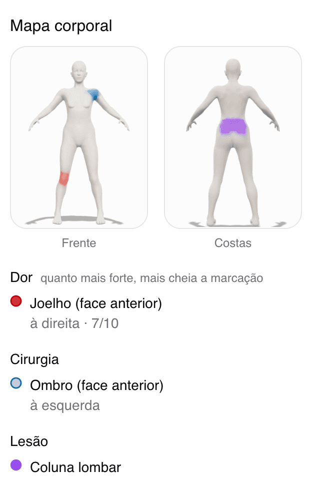 The evaluation screen in Brio, with the pain reading, the context of the complaint and the body map carrying its marks.