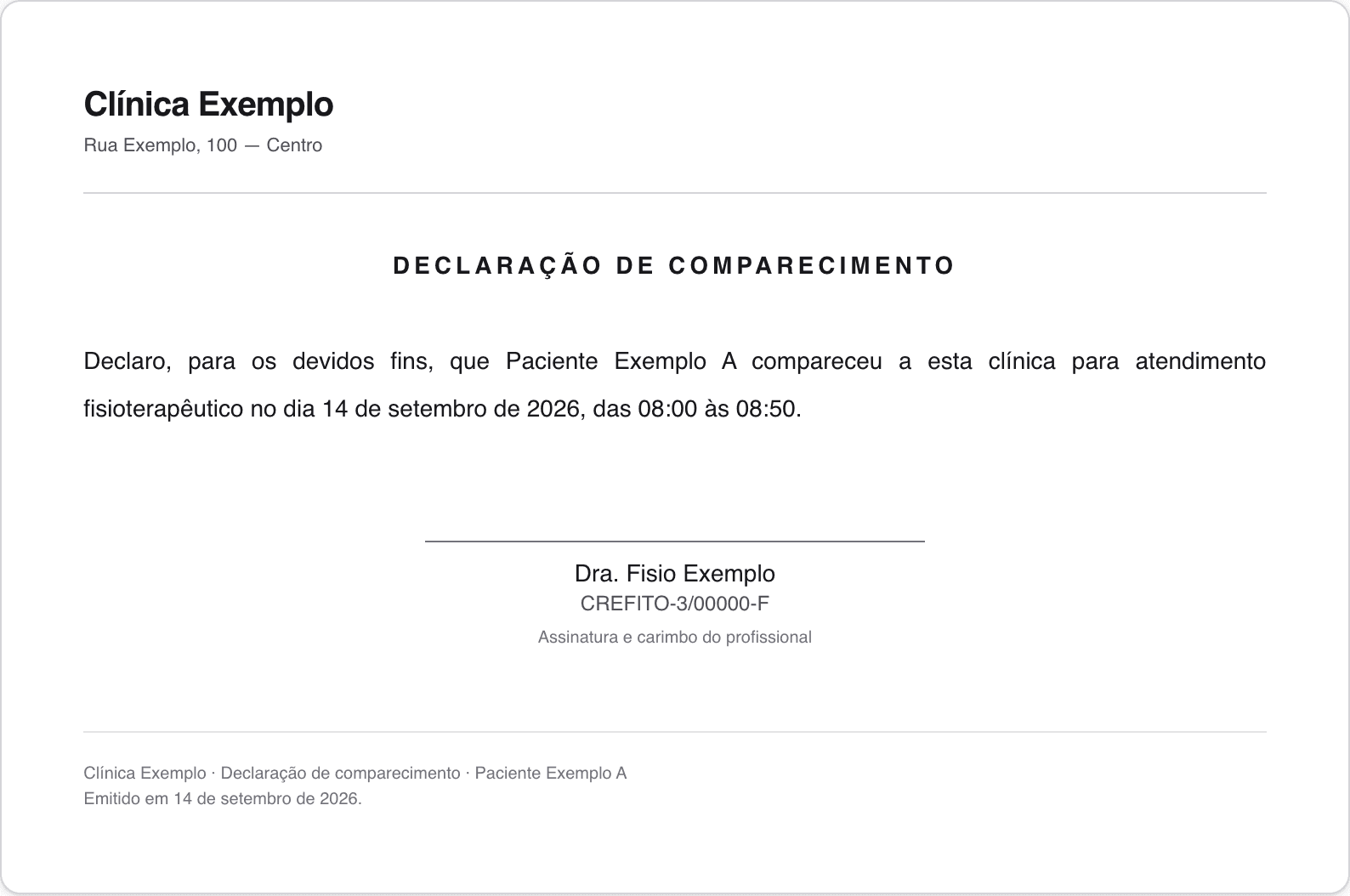 An attendance certificate ready to print, with the clinic's letterhead and the professional's signature line.