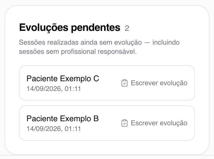 The clinic's pending-notes radar, with each session, its date and the write button.